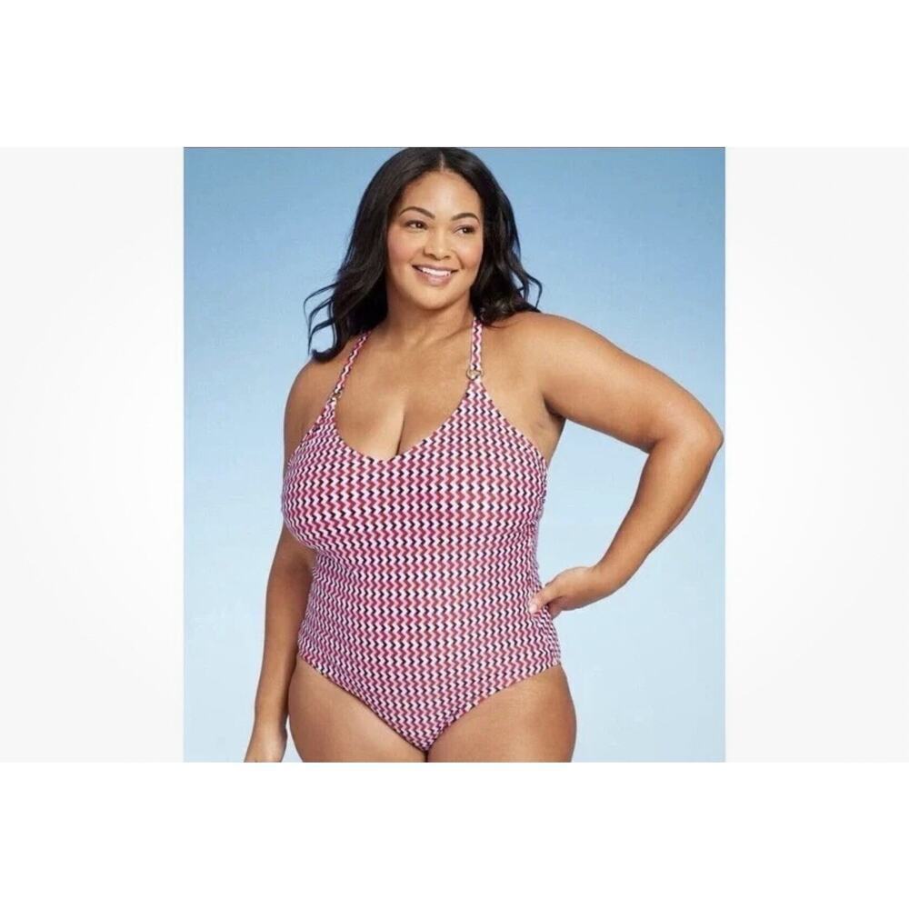 Nwt Kona Sol Red Blue Chevron Print One Piece Swimsuit Size 16